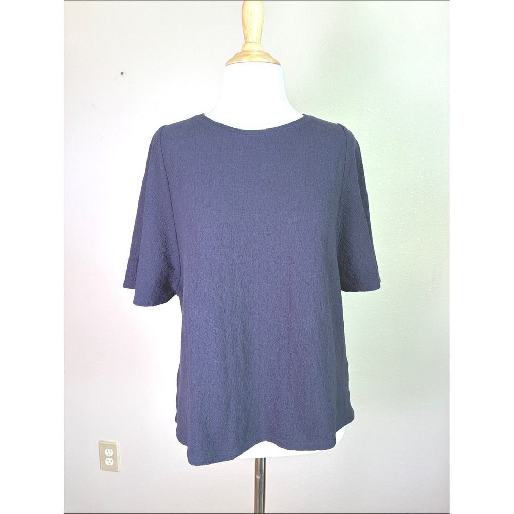 GARNET HILL Medium Navy Textured 100% Cotton Boxy Fit‎ Top Minimalist Basic